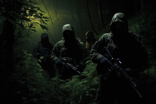 A group of people equipped with guns standing in the woods, possibly on a training mission or hunting expedition. Generative AI