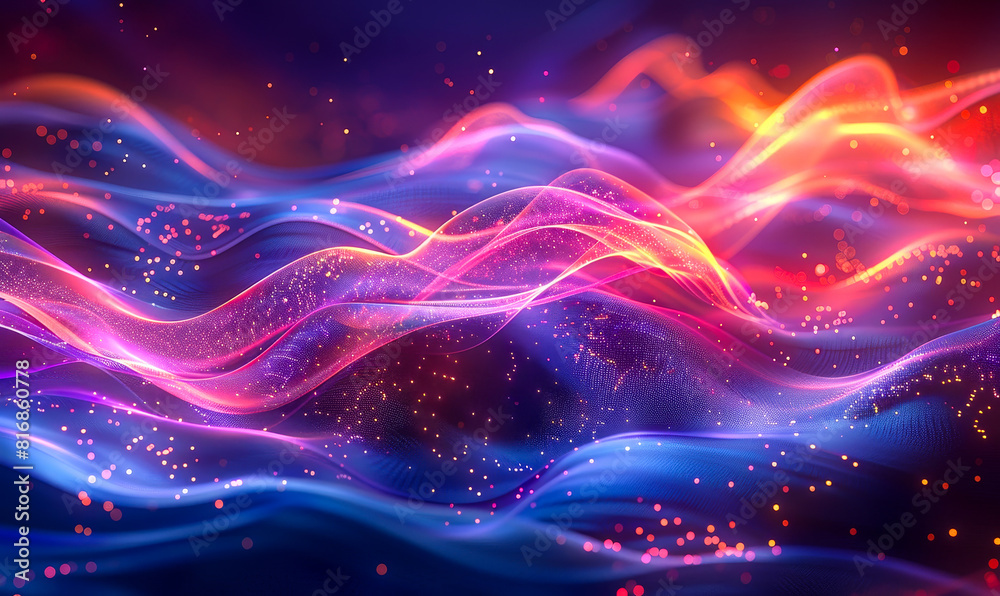 Fototapete neon fluid holographic waves abstract background, glowing vibrant curved lines sci-fi style computer