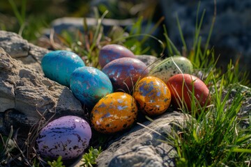 Colorful painted easter eggs hidden among rocks and grass in a natural setting