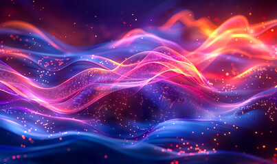 Obraz premium Neon Fluid Holographic Waves Abstract Background, Glowing Vibrant Curved Lines Sci-fi Style Computer Generated Render