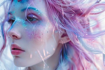 Closeup of a young woman with sparkling celestial makeup and colorful flowing hair