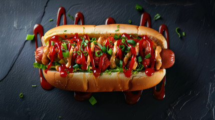 Delicious hot dog, studio lighting, photorealistic, amazing details, on a dark background, top view.