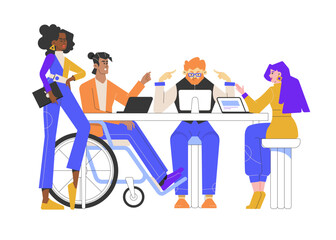 Colleagues work together in a coworking space. The guys are sitting with laptops at their desk. Discussion, brainstorming, problem solving. Digital team. Vector flat illustration.