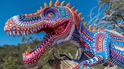 Fototapeta premium Colorful alebrije dinosaur sculpture with intricate patterns