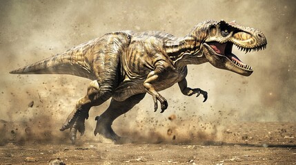 Ferocious tyrannosaurus rex roaring in a dusty terrain