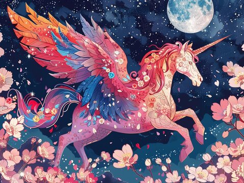 Colorful hand drawn Pegasus among beautiful Sakura blossoms, vintage retro Japanese style, mythical concept under a starry moonlit sky