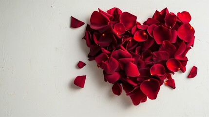Red rose petals arranged in heart shape on white background.