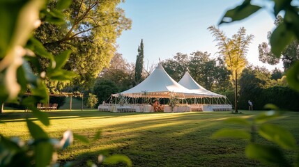 Outdoor event tent set up on a sunny day in a lush garden.