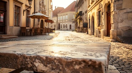 Stone bench in a sunny cobblestone courtyard surrounded by historic buildings.