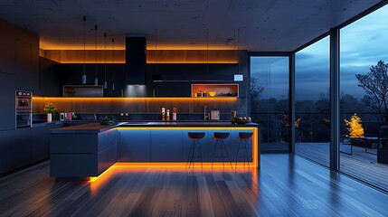 A high-tech kitchen with neon yellow lights integrated into smart home devices, creating a futuristic ambiance.