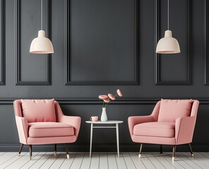 Modern interior design with a dark wall featuring two pastel pink armchairs and a white table lamp