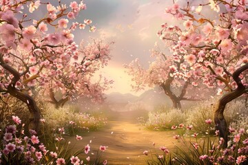 cherry blossom tree blooming almond tree with beautiful background, generative ai