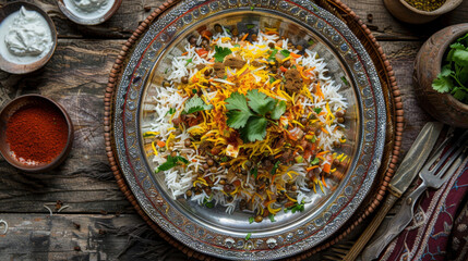 Overhead view of colorful biryani rice with herbs, served in a decorative metal dish