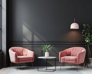 Modern interior design with a dark wall featuring two pastel pink armchairs and a white table lamp