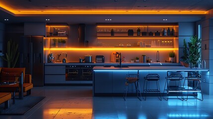 A high-tech kitchen with neon yellow lights integrated into smart home devices, creating a...