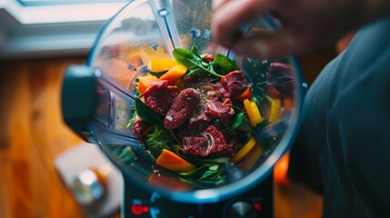 Fresh ingredients being blended in a modern kitchen blender