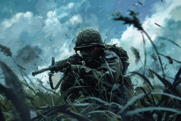 Illustration of a camouflaged soldier ready for combat, surrounded by a dynamic battle environment