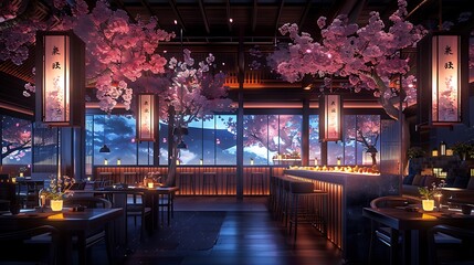 A Japanese-inspired kitchen with neon cherry blossom motifs on the sliding doors, complemented by...