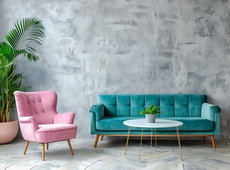 Modern interior in gray colour, concrete walls, teal sofa and pink chair against the wall, green plant on coffee table