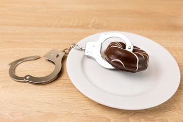 Chocolate donut with handcuffs. Passion for sweets.