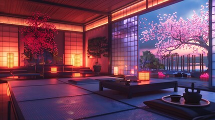 A Japanese-inspired kitchen with neon cherry blossom motifs on the sliding doors, complemented by the soft lighting.