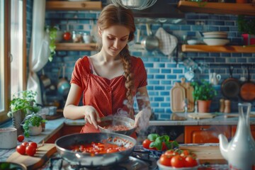 Woman cooking in kitchen with tomatoes, suitable for food and cooking concepts