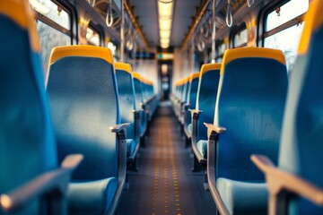 Warm sunlight bathes an unoccupied bus interior, highlighting vibrant blue seats and a tranquil atmosphere