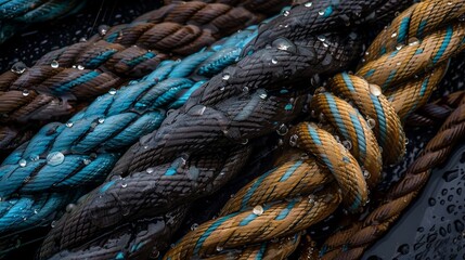 Close-up of colorful wet ropes with raindrops