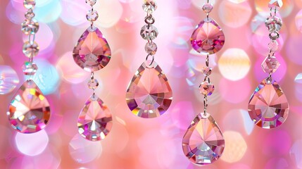 Sparkling crystal pendants on a dreamy pink bokeh background