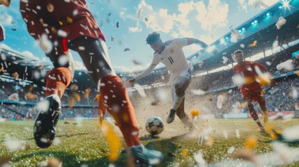 Dynamic image capturing a soccer player in midaction during a thrilling match