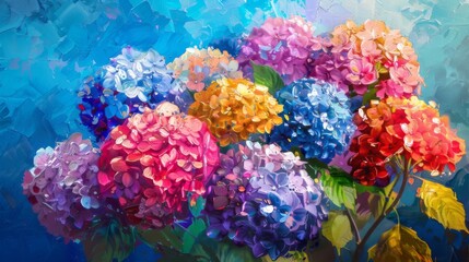 Vibrant Hydrangea Flowers on Blue Background