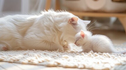 Tender moment between white mother cat and her kitten indoors