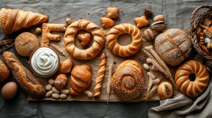A variety of fresh bread and pastries arranged on paper, including bagels
