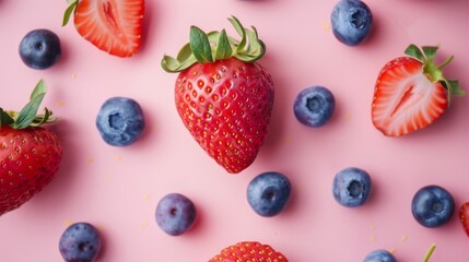 Juicy Symphony: Sliced Strawberries and Blueberries Dance on Pink Canvas