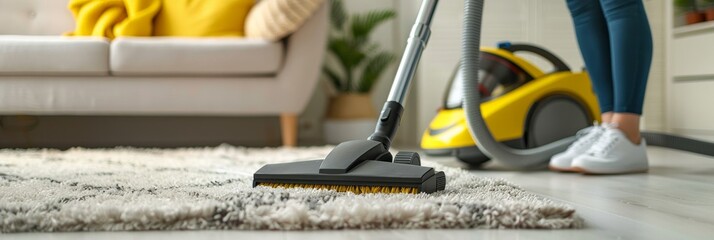 Carpet cleaning, long pile, fluffy doormat, dirty rug. Woman hoovering carpet in living room. Cleaning service