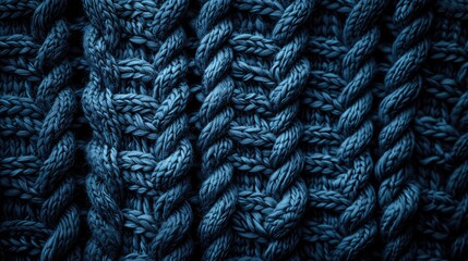 Close up detailed texture of dark blue knitted flat lay background