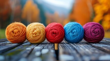 Wool Yarn Balls on Wooden Table. Generative ai