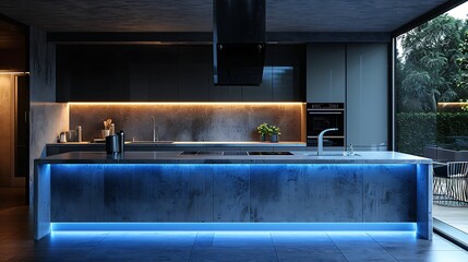 A modern kitchen with neon blue under-cabinet lighting reflecting off a polished concrete...