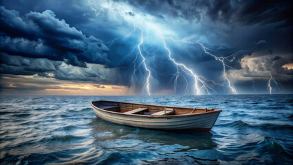 Rowboat sailing on the stormy sea with lightning in the sky
