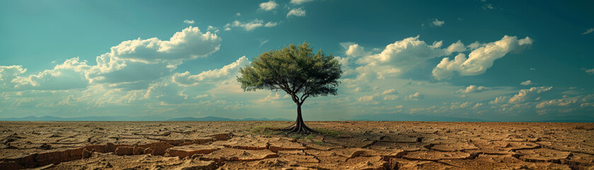 Single green tree stands resilient amidst a vast cracked earth terrain under a sky with fluffy clouds, depicting drought and hope.
