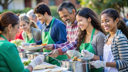 Obraz premium Volunteers close up are serving meal to homeless