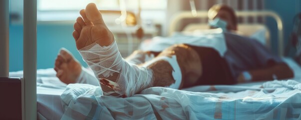 The injured patient lies in a hospital bed with a bandaged injured leg