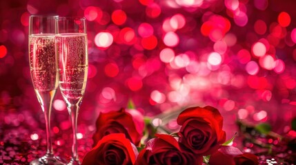 Valentine's Day background with champagne and roses
