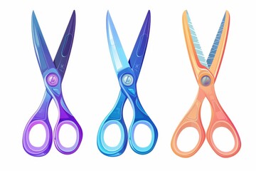 Three pairs of colorful scissors on a plain white background. Perfect for school supplies or DIY projects