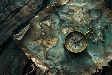 Old golden compass lies on a weathered map, evoking tales of exploration and discovery