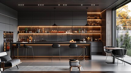 A Scandinavian kitchen with neon gray lighting in the open shelving units, highlighting the minimalist design.
