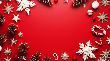 Obraz na płótnie Canvas Festive Christmas background featuring various decorations such as pinecones, snowflakes, stars, candy canes, and ornaments arranged on a vibrant red backdrop.