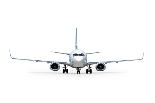 Front view of the modern white passenger airliner isolated