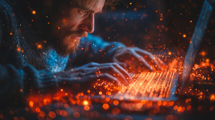 A man is typing on a laptop with a blurry background