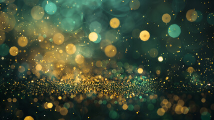 Abstract green and gold glitter background with bokeh lights, golden shiny particles on dark...
